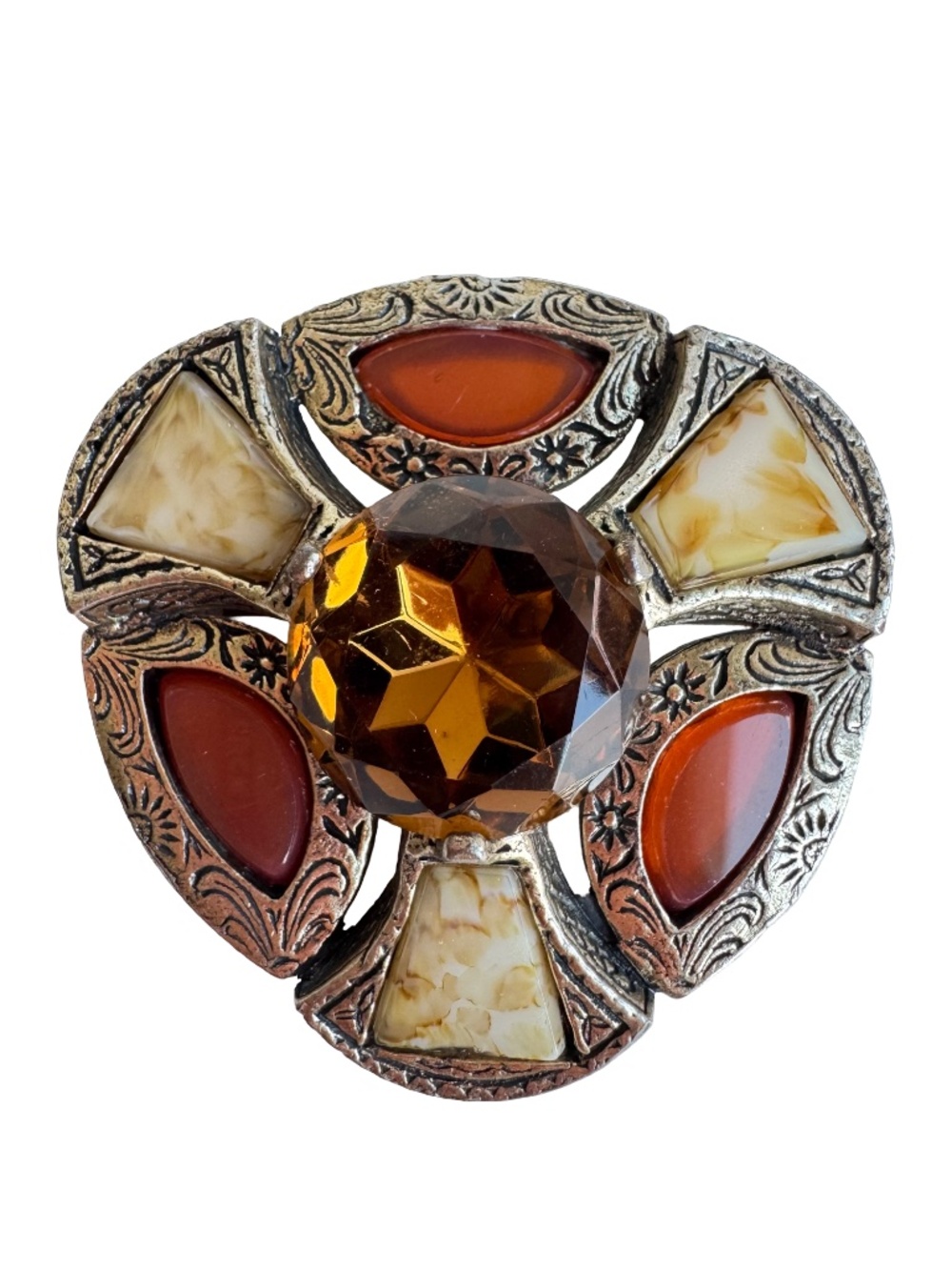 Vintage Miracle Celtic Scottish Style Brooch Glass Stone Statement Pin Gold Tone